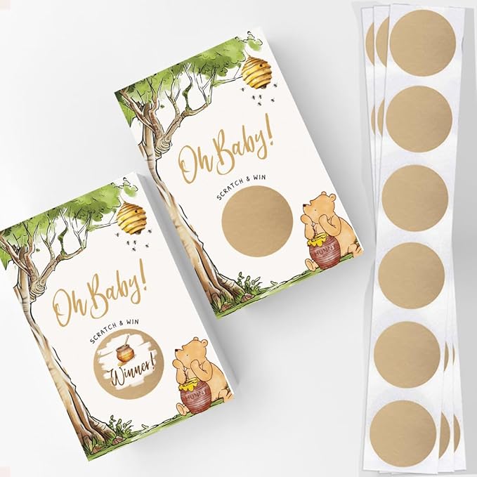 Printed Party Winnie Baby Shower Games – Scratch Off Game with Classic Pooh Theme, Gender Neutral for Boy or Girl, 30 Cards & Stickers