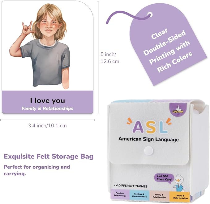 CHEFAN ASL Flash Cards, 101 American Sign Language Flash Cards for Beginners, Kids, Teens and Adults