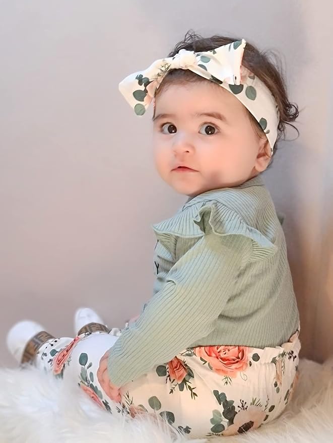 DISAUR Baby Girls Clothes Newborn Infant Baby Girls Outfit Long Sleeve Ruffle Romper Floral Pants Headband Sets 0-18 Months