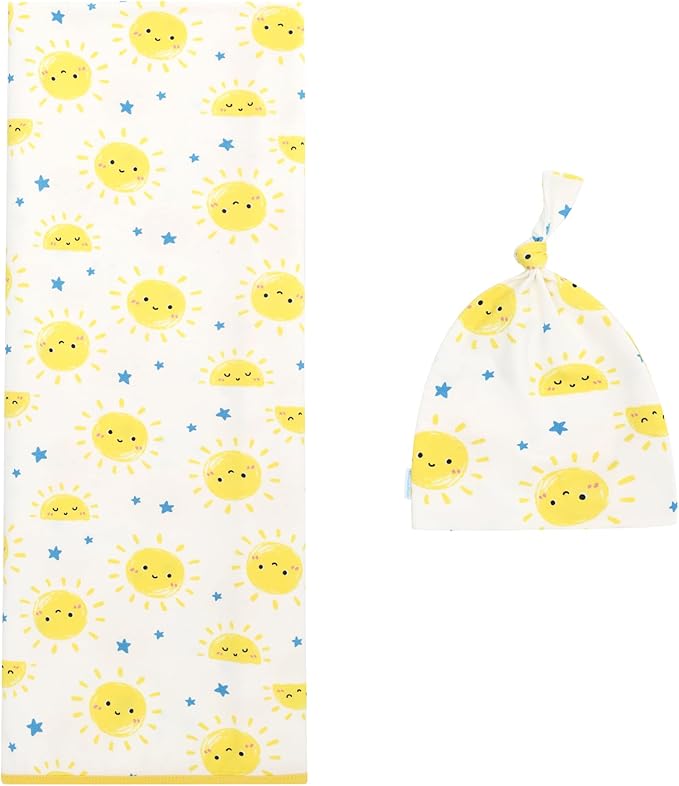 Newborn Swaddle Blanket with Hat Set,Unisex Baby Receiving Blanket Nursery Wrap for Girls and Boys, Viscose Made from Bamboo Sun One Size