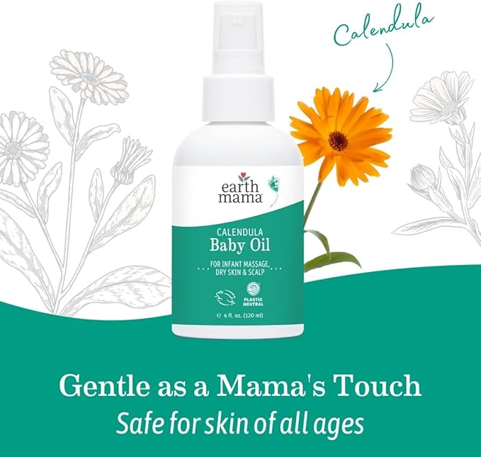 Earth Mama Calendula Baby Oil | Massage Oil for Newborn Skin Care, Dry Skin & Scalp Moisturizer, Fragrance Free, 4-Fluid Ounce