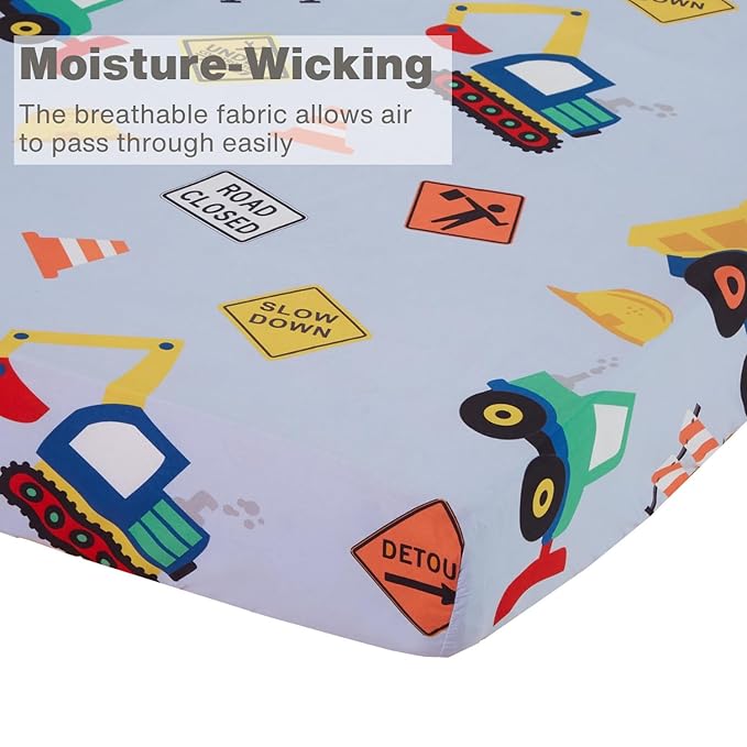 Everyday Kids Baby Boy Fitted Crib Sheet, Under Construction, 100% Soft Breathable Microfiber Baby Sheet, Fits Standard Size Crib Mattress 28in x 52in, Nursery Sheet