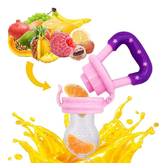 Baby Fruit Feeder by HAOBAOBEI, Frozen Teething Toys for Babies, Fruit Pacifier Feeder with 4 Sizes Silicone Pouches, Eating Essentials, BPA Free Feeding Supplies -2 Pack (Pink Yellow)