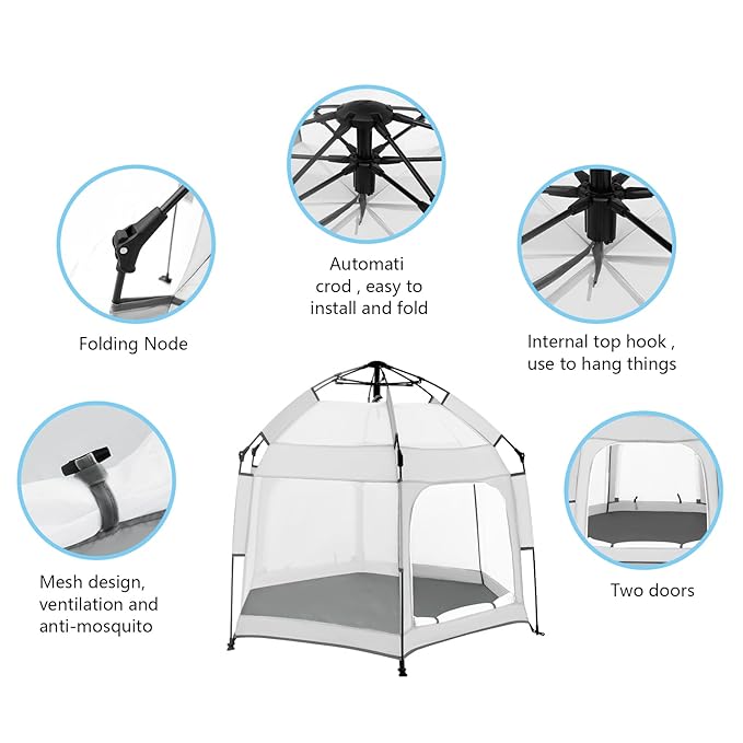 Baby Playpen with Canopy, Portable Baby Beach Tent, Toddler Play Yard Indoor and Outdoor, Foldable Mosquito Net for Infant - Light Grey
