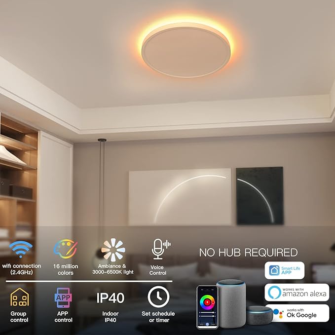 TALOYA Compatible with Alexa Flush Mount Ceiling Light, 12 inch RGB Ambient Light, Day Light 3000K~6500K Adjustable by App, equivs to 200W Traditional lamp for Living Room, Bedroom, 2-Pack