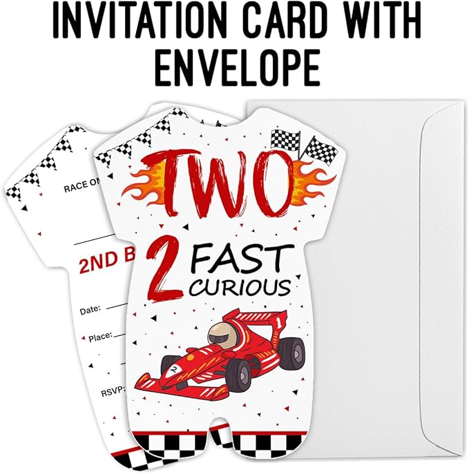 LyoGao Race Car Two Fast Baby Shower Invitations - Racing Car 2nd Birthday Party Fill in Invites Cards With Envelopes (20 Pack)