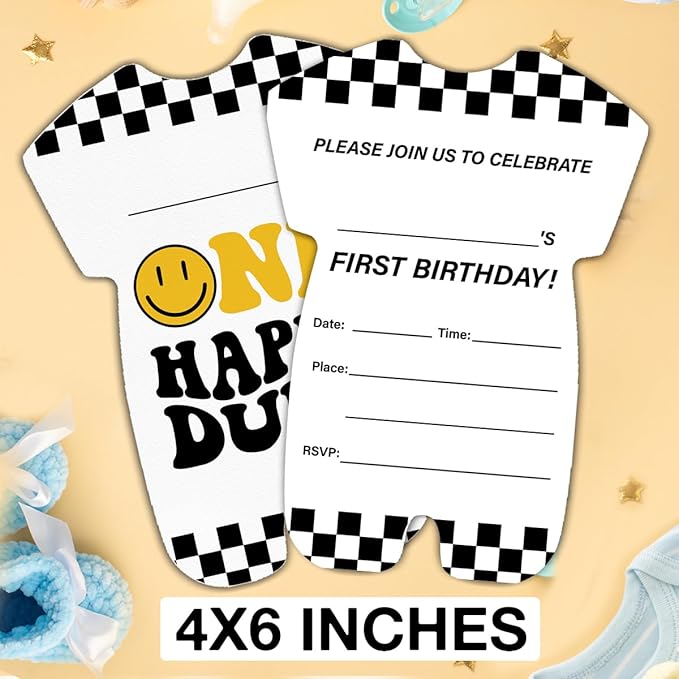 LyoGao One Happy Dude Birthday Invitations for Boy Smily Face First Birthday Party Fill in Invites Cards With Envelopes (20 Pack)