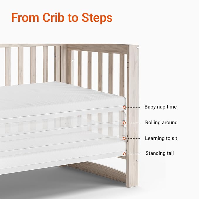 EvoNest Baby Crib, 6 in 1 Convertible Mini Crib with Wheels, 100% New Zealand Wood Growing Bed, 4 Adjustable Mattress Height, Washed Natural