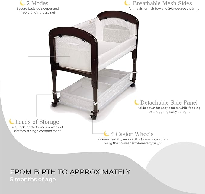 Arm’s Reach Cambria Co-Sleeper Bedside Bassinet Featuring Height-Adjustable Legs, Curved Wooden Ends, Breathable Mesh Sides with Pockets, and Large Lower Storage Basket, Espresso and White