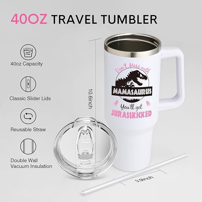NOWWISH Gifts for Mom, Mamasaurus Mom Coffee Tumbler, Birthday Gifts for Mom Women Mother-in-Law Wife New Mom, Mothers Day Gift from Daughter - White 40 Oz