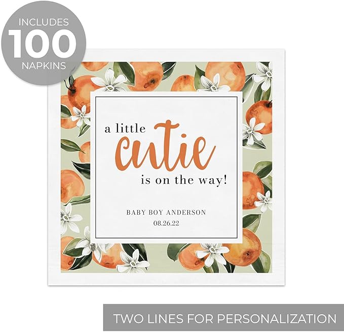 Little Cutie Personalized Baby Shower Napkins / 100 Clementine 4 3/4" x 4 3/4" Beverage Napkins/Gender Neutral Baby Citrus Party Napkins/Made In The USA