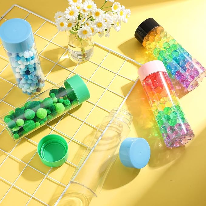 Hoolerry 16 Pcs Empty Plastic Sensory Bottles with Lids Round Clear Plastic Water Bottles Reusable Sensory Bottles for Sensory Crafts Classroom Handmade Party(Pink Green Blue Black,13.5 oz)