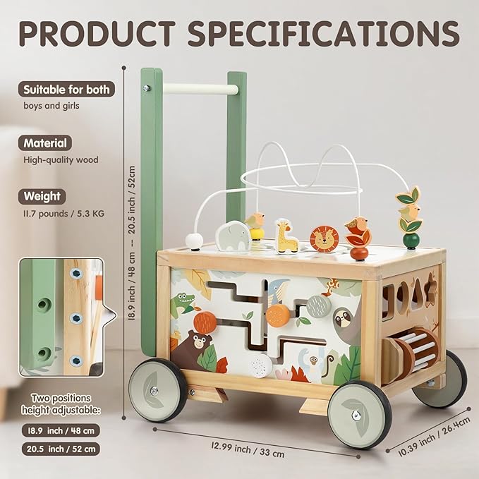Joyreal Wooden Baby Walker - 9-in-1 Baby Push Walker with Activity Cube, Push Activity Walker for Boys and Girls, Sit-to-Stand Learning Walker Activity Center, Speed & Height Adjustable
