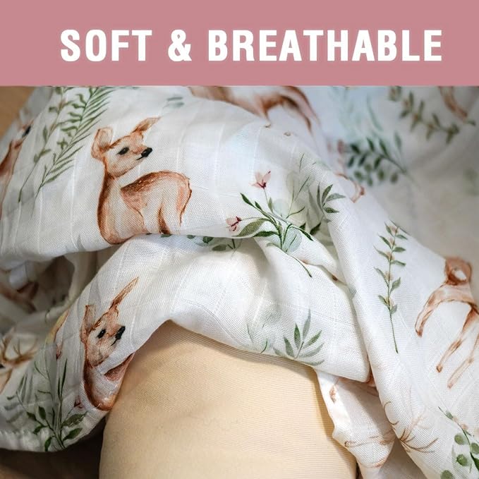 Little Jump Muslin Swaddle Blankets Neutral, Woodland Muslin Baby Blanket Receiving Blanket for Boys & Girls Unisex, Soft Large 47 x 47 inches (Rabbit & Deer)