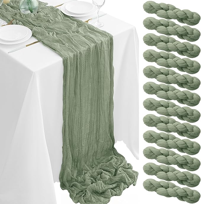 12Pack Sage Green Table Runner 35 x 120 inch Cheesecloth Table Runner 10FT Boho Gauze Cheese Cloth Table Runners Rustic Sheer Table Runners for Wedding Baby Shower Party Decor