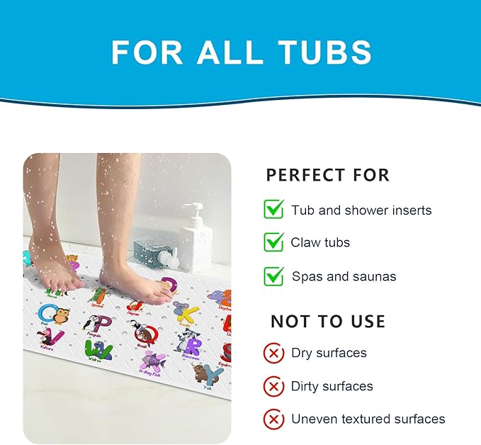 XIYUNTE Baby Bath Mat for Tub Non Slip Kids Bath Mat - 40''x16'' Extra Long Cartoon Baby Bath Tub Mat Eco-Friendly Toddler Bath Mats with Suction Cups, Easy to Clean & Easy Drying, Alphabet(White)