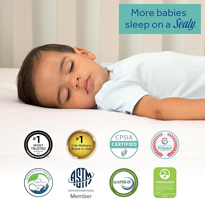 Sealy Baby Orion Antibacterial 2-Stage Breathable Crib Mattress, Toddler Bed Fit, Lightweight, Waterproof, Non-Toxic, GREENGUARD Gold Certified, USA Made, Safety & Quality Tested, 52x28