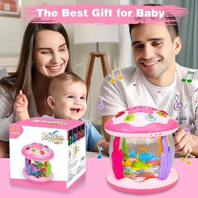Hapyland Baby Toys 6-12 Months Girl Gifts: Babies Ocean Rotating Light Up Musical Toys for Toddlers 1 2 Year Old Crawling Learning Infant Toy 6 7 8 9 10 11 12 Months Old Baby Girl Gift (Pink)
