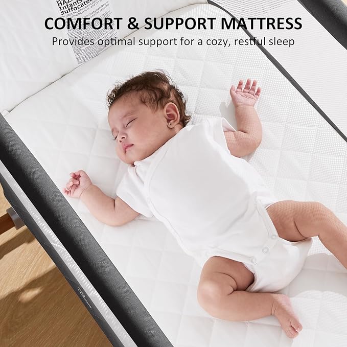 3 in 1 Baby Bassinet, Rocking Bassinet, Bedside Bassinet, 6-Height Adjustable, Bassinet Bedside Sleeper, Bedside Bassient for Baby with Comfy Mattress, Breathable Mesh, Large Storage Basket