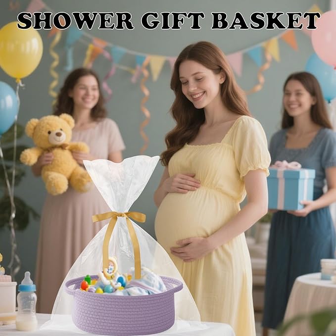 Gift Basket with Gift Bag and Ribbons,Small Rope Woven Shelf Storage,Baskets for Gifts Empty,Birthday,Shower,Decorative Organizer Box for Cat Dog Pet with Handles(Purple)