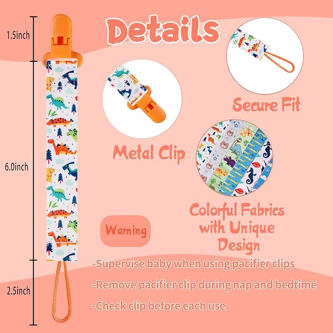 12 Pack Pacifier Clips with Strap 25.5cm - Premium Polyester Baby Pacifier Holder Set, Multi-Design Clips for Boys Girls (Multi Color C)