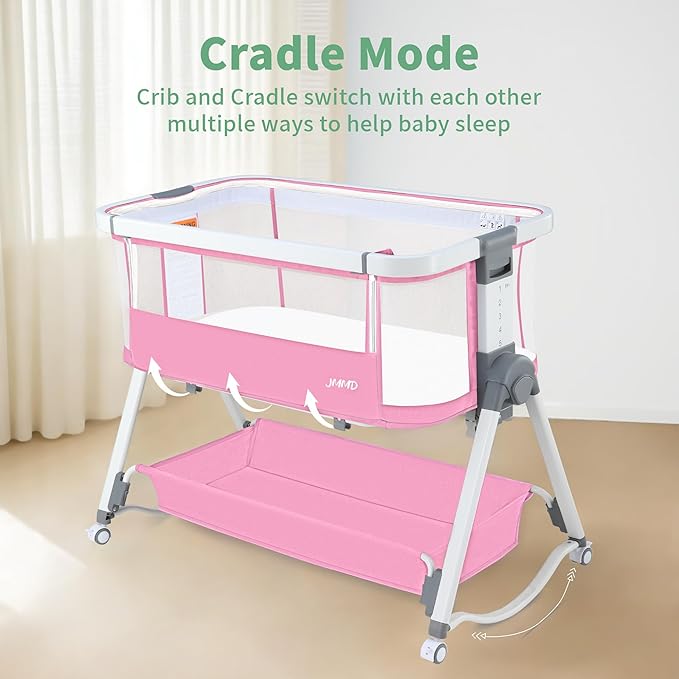 JMMD Baby Bassinet Bedside Sleeper, 3 in1 Baby Bassinet with 6 Levels Height Adjustable Side Sleeper Foldable and Portable Bedside Sleeper for Baby (Pink)