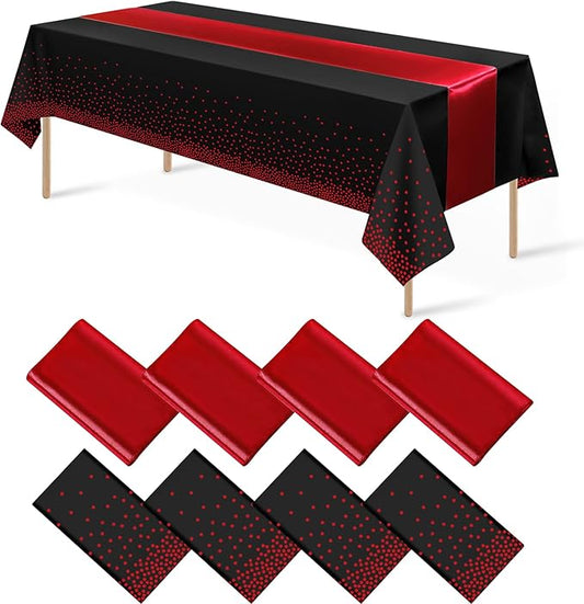 8Pack Disposable Plastic Party Tablecloths and Satin Table Runner Set Black and Red Dot Table Cloth Red Satin Table Runner for Wedding Birthday Baby Shower Anniversary Holiday Party Decorations