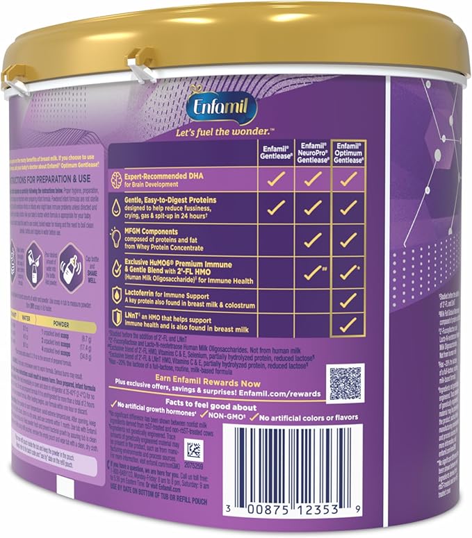Enfamil Optimum (Enspire) Gentlease, Our Closest Formula to Breast Milk, Immune-Supporting Lactoferrin and Brain-Supporting DHA Baby Formula - Powder 19.5 Oz Tub