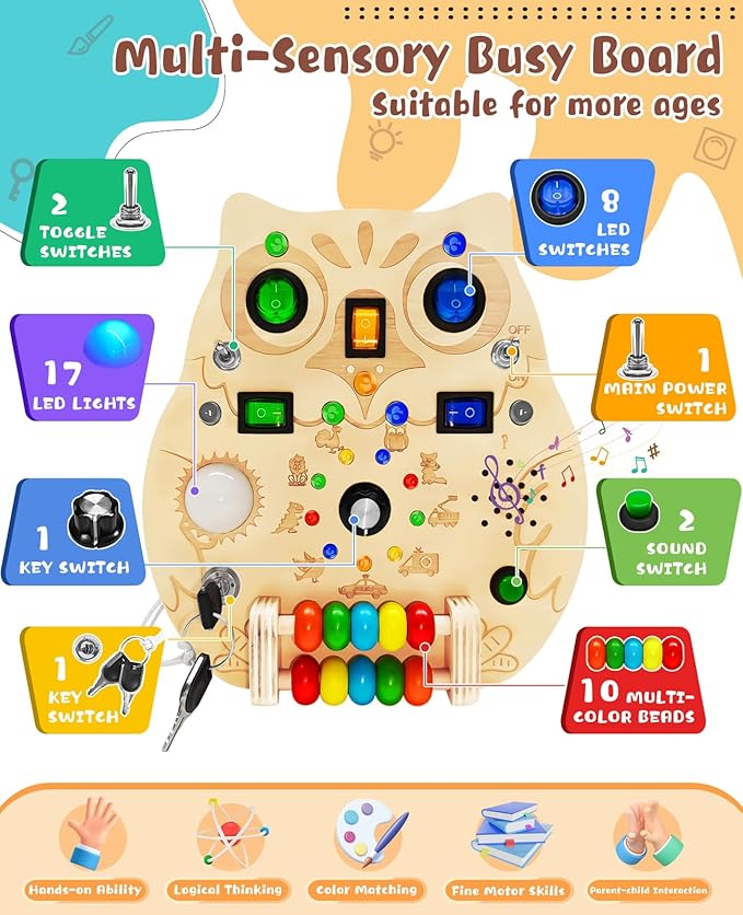 Busy Board Montessori Wooden Sensory Toy with LED Light Switches, Music, Toddler Light Switch Activity Travel Toys for 1 2 3 Year Old Boys Girls Toddler Toys Gifts
