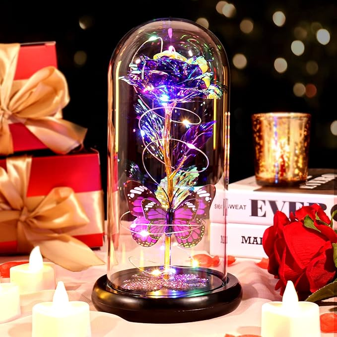 DEEMEI Birthday Gifts for Women Purple Rose Eternal Flower Light Up Rose in Glass Dome with Butterfly Gifts for Women Thanksgiving Anniversary Grandma Girlfriend Wife Gift for Her