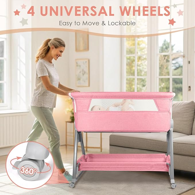 BIERUM Baby Bassinet for Baby - 7 Height Adjustable Bedside Bassinet with Lockable Wheels, Easy to Assemble Portable Bedside Crib with Large Storage Bag & Mattress for Newborn/Infant