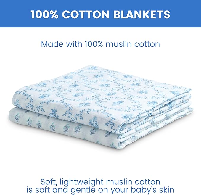 Delta Children 100% Cotton Muslin Baby Receiving Blankets for Girls and Boys – 47x47 Inches (Pack of 2), Blue Botanicals