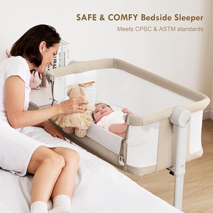 Bassinet Bedside Sleeper - All-Mesh Design, Portable Bedside Bassinet for Baby with Washable Mattress, 5 Adjustable Heights(Beige)