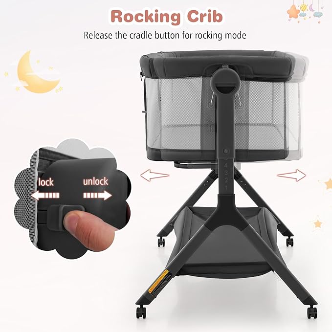 BABY JOY Bassinet, 3 in 1 Rocking Bedside Bassinet w/Storage Basket, Universal Wheels, Adjustable Height, Mattress, Net & Portable Bag, Carriable Crib Baby Bassinets Bedside Sleeper (Gray)