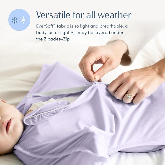 SleepingBaby EverSoft Zipadee-Zip Transition Swaddle - Roomy Wearable Blanket with Two Way Zipper - Viscose from Bamboo - Lilac, Medium (6-12 Month)