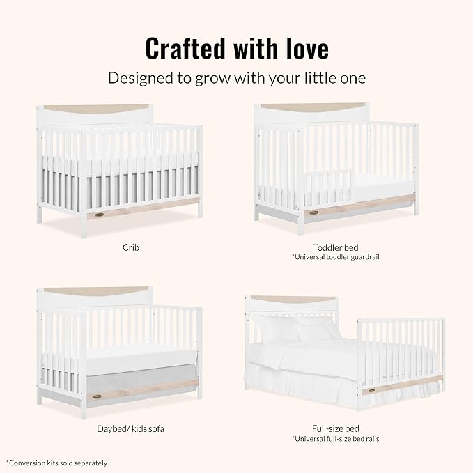 Dream On me Emerson 5-in-1 Convertible Full-Size Baby Crib in White & Vintage White Oak, GreenGuard Gold & JPMA, 3 Mattress Heights, Converts to Toddler, Day & Full-Size Bed