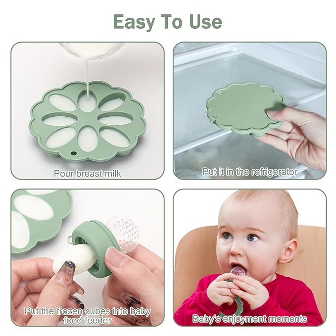 Baby Silicone Fruit Food Feeder Pacifier & Breastmilk Popsicle Freezer Molds,BPA Free Baby Food Storage Containers Frozen Ice Tray for Baby Feeding Safely, Infant Fruit Teething Toy (Green)