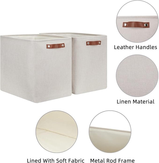 HNZIGE Collapsible Canvas Linen Storage Basket, Set of 2, Large Fabric Cloth Baskets, Rectangular Shelf Baskets with Leather Handles, Organizing Storage Baskets for Storage Closet, Home, Office(Gream)