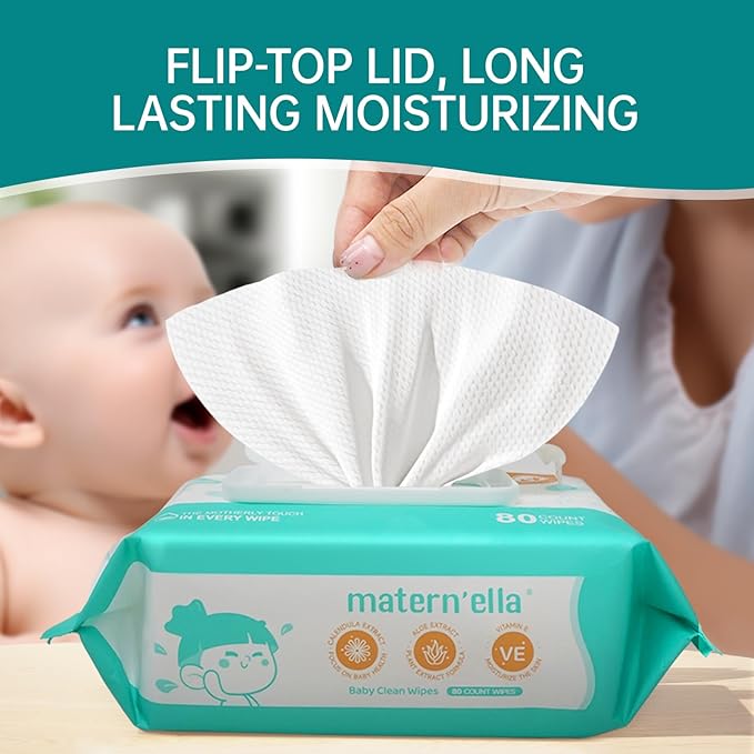 MATERN'ELLA Baby Wipes, Wet Wipes for Sensitive Skin, Baby Diaper Wipes 99% Water Based Wipes, Unscented&Alcohol-free Hypoallergenic (240 Count (Pack of 3))