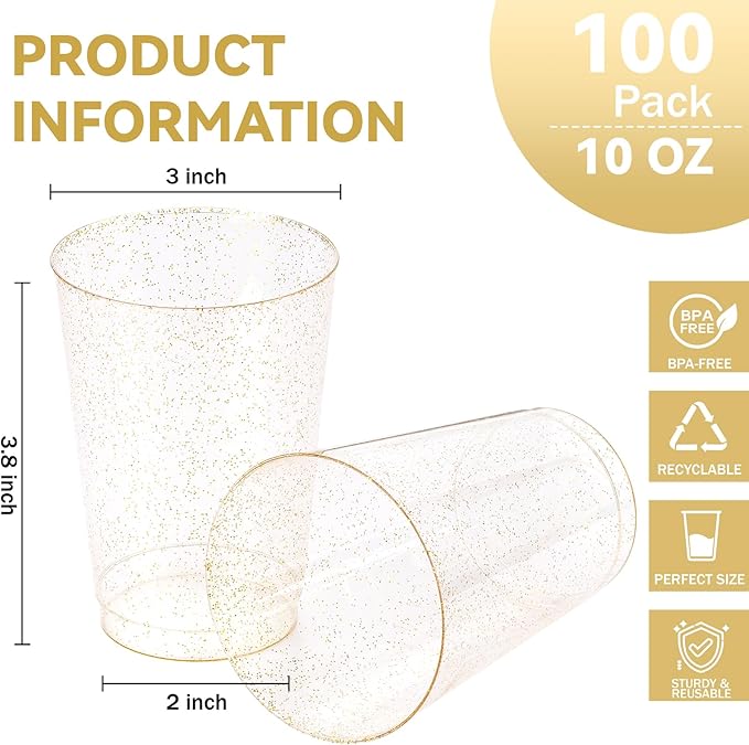 supernal 100pcs Gold Plastic Cups 12 oz, Glitter Clear Disposable Cups Heavy Duty, Fancy Plastic Cocktail Tumblers for Wedding, Thanksgiving, Christmas, Parties Champagne & Mixed Drinks