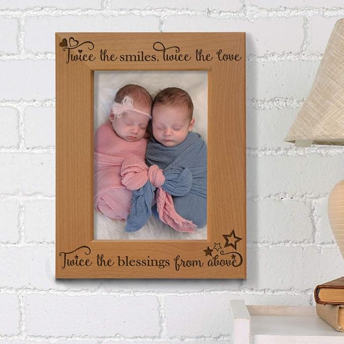 KATE POSH - Twice The Smiles, Twice The Love, Twice The Blessings from Above - Engraved Natural Wood Photo Frame - Twins Picture Frame, Twins Gifts for Babies, Twins Gifts for mom (5x7-Vertical)