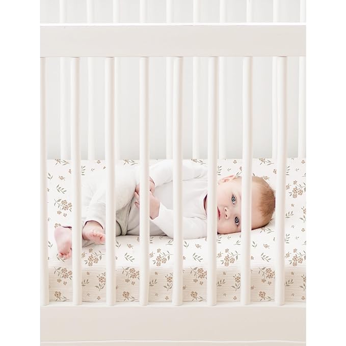 Konssy Muslin Mini Crib Sheets, 100% Soft Cotton Pack and Play Sheets for Pack N Play Mattress, Playard Baby Crib Sheets for Baby Girls(Blossom, Cream)