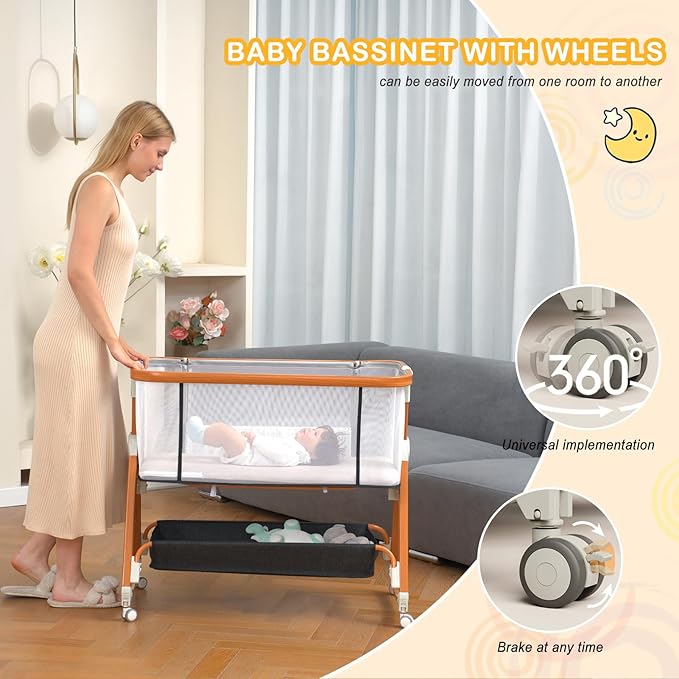 3 in 1 Bassinet,Baby Bassinets Bedside Sleeper with Musical Toy,Adjustable Height Bedside Bassinet for Baby with Wheels and Storage Basket,4-Sided Mesh Bedside Crib for Newborn 0-6 Months (Black)