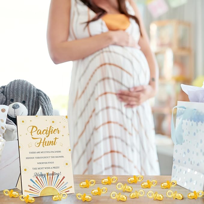 Thyle 51 Pcs Pacifier Hunt Baby Shower Games Include Hunt Sign and 50 Acrylic Pacifiers for Baby Shower Game Decoration Gift Sets Gender Reveal Party Decor (Retro Sun)