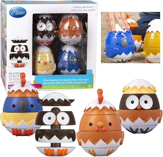 Egg Stacking & Sorting Animals, Mix & Match Adorable Hatching Friends- 4 Different Animals- Creative, Educational & Imaginative Hands On Building Toys- for Baby Toddler Kids Gift- Chick Owl Duck Bird