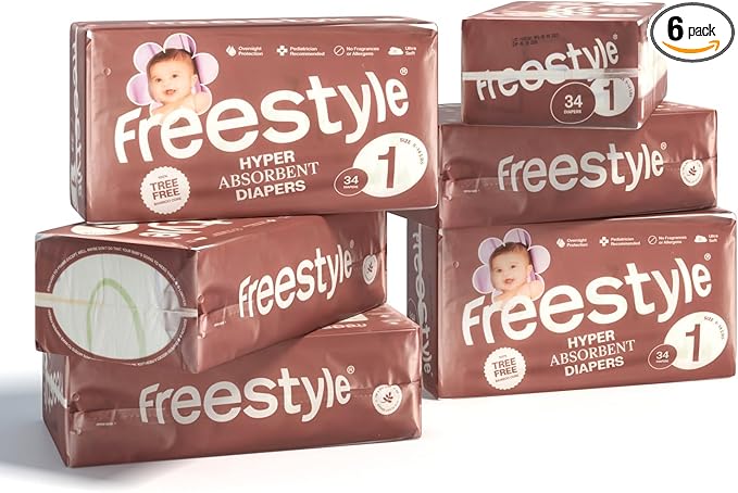 Freestyle BambooTek Diapers - (Size 1) Hyper Absorbent & Non-Toxic – Disposable Diapers for Sensitive Skin – Ultra Soft Diapers (8-14 lbs) – 204 Count