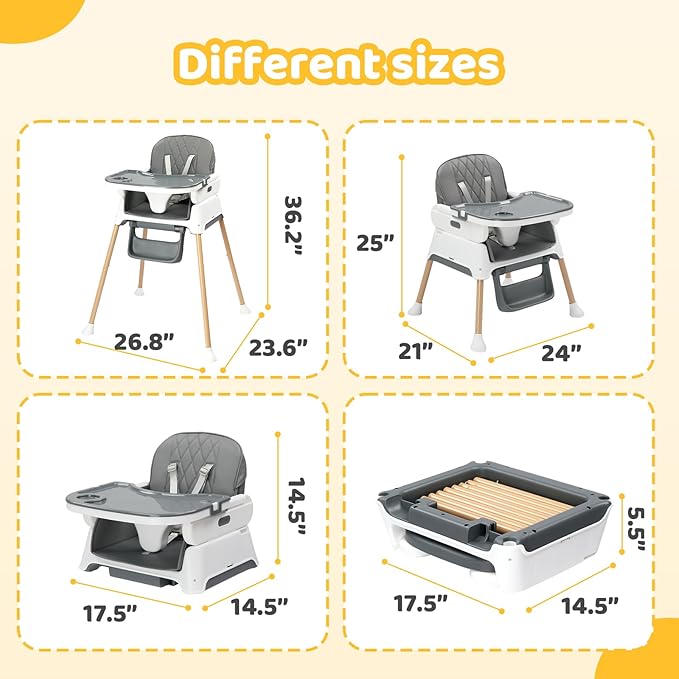 JOYMOR 5 in 1 Baby High Chair for Babies and Toddlers, Portable Highchair Fold Compact, ConvertibleBaby Feeding Chair Booster for Eating with Detachable Double Tray, 5 Point Harness (Gray)