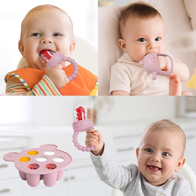 Baby Fruit Feeder Pacifier - 3 Pack | 1 Baby Food Feeder & 1 Baby Teether & 1 Baby Popsicle Molds | Breastmilk Popsicle molds | Baby Teething Toys | Baby Fruit Food Feeder Pacifier Babies (Blush)