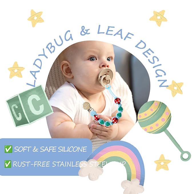 Silicone Pacifier Clips for Boys & Girls – Personalized Pacifier Holder;Neutral & Cute Pacifier Clips for Babies;Teething, Soothies – BPA-Free, Durable & Soft (Green+Blue)