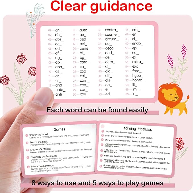 WJPC 116 Set Phonics Prefix Suffix Sigh Words Flash Cards for 7,8,9,10,11,12 Years 2nd, 3rd, 4th, 5th Grade Boys&Girls&Kids Learning Writing Reading